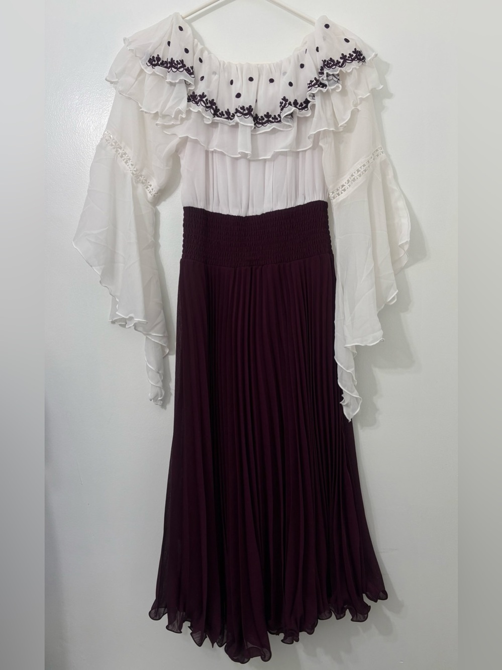 Zola Midi Length Dress Pleated Skirt Dramatic Sleeves Ruffle Collar Lined
